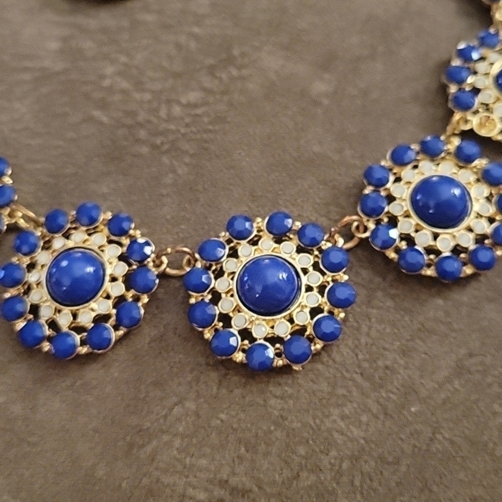 VTG Y2k Royal Blue Floral Chain Necklace Earrings Set - Picture 5 of 12